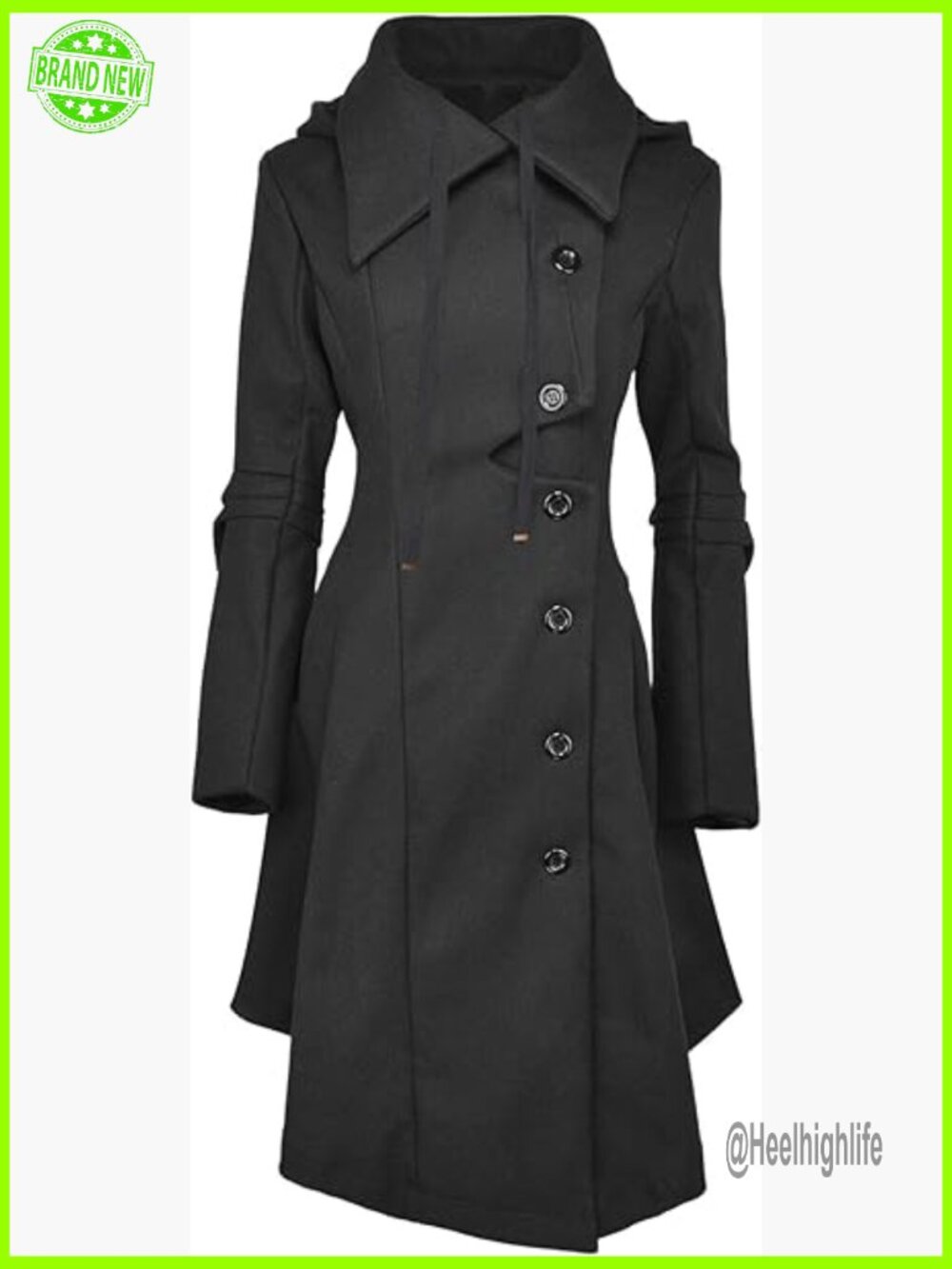 Wool Blend Long Trench Coat with Hood - Steampunk Goth Pea Coat